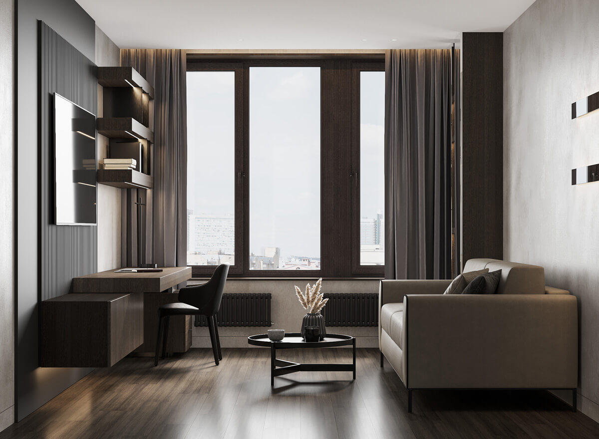 Półki w domowym biurze Półki wiszące z książkami i dekoracjami w domowym biurze, system przechowywania, inspiracje 2026.