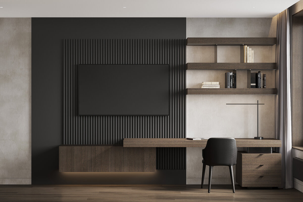 Stylowe półki w salonie Półki wiszące na ścianie w salonie z książkami i dekoracjami, minimalistyczny design 2026.