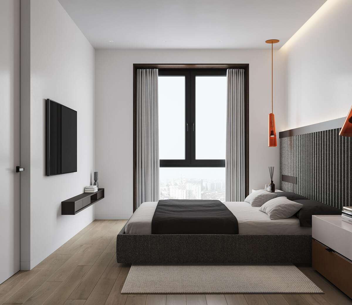 Drewniane półki w sypialni Drewniane półki wiszące z roślinami i książkami w sypialni, aranżacja wnętrz w małym mieszkaniu.