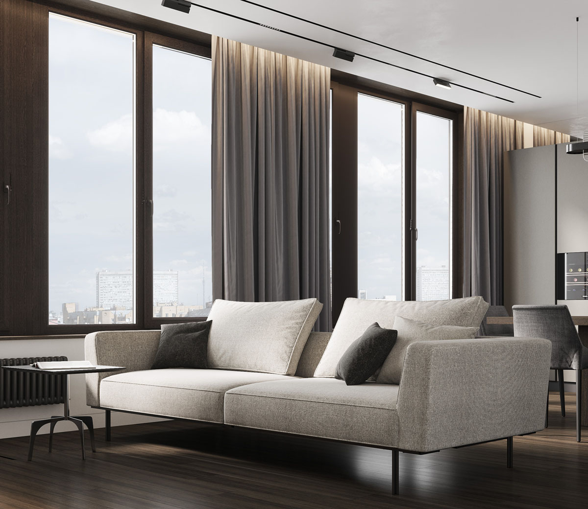 Jasny salon 2026 Minimalistyczny salon 2026: Duże okno wpuszcza naturalne światło, tworząc przytulną aranżację.