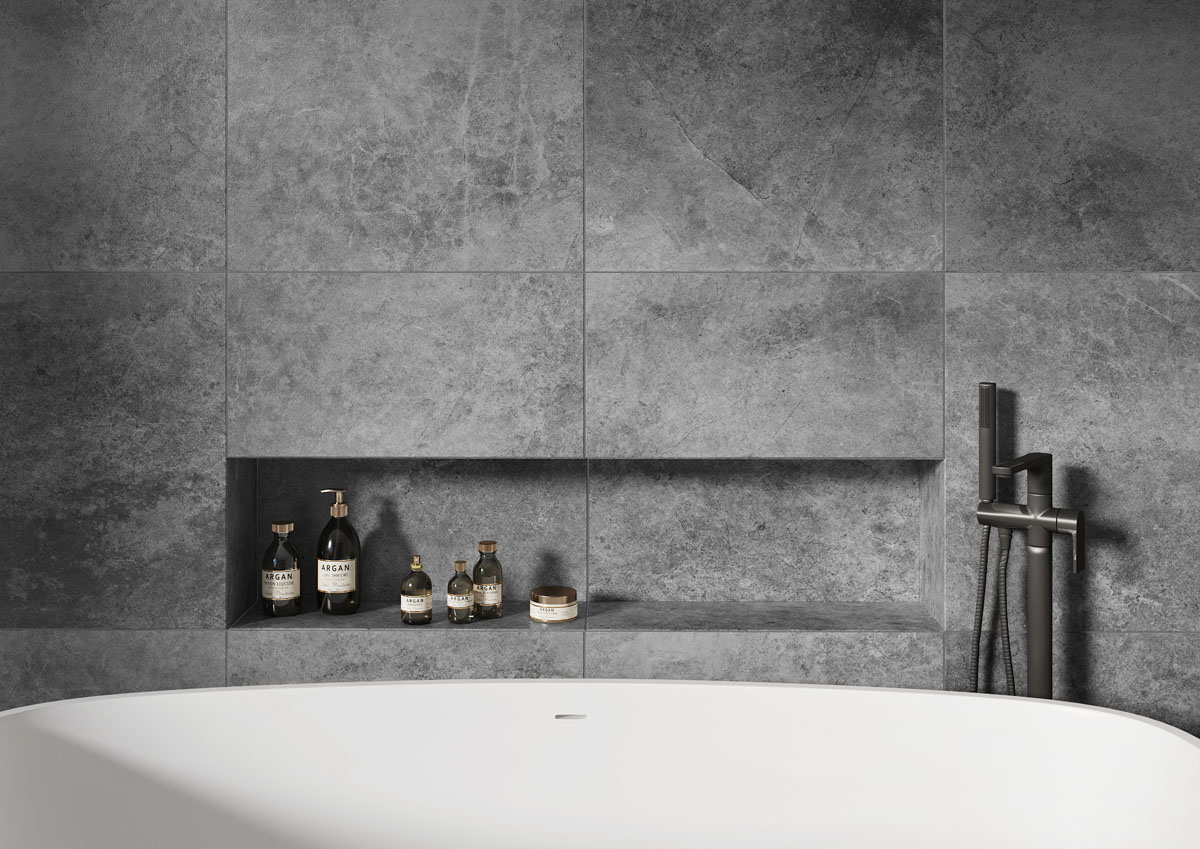 Tekstury szarości Szara łazienka z różnymi teksturami płytek imitujących beton - aranżacja