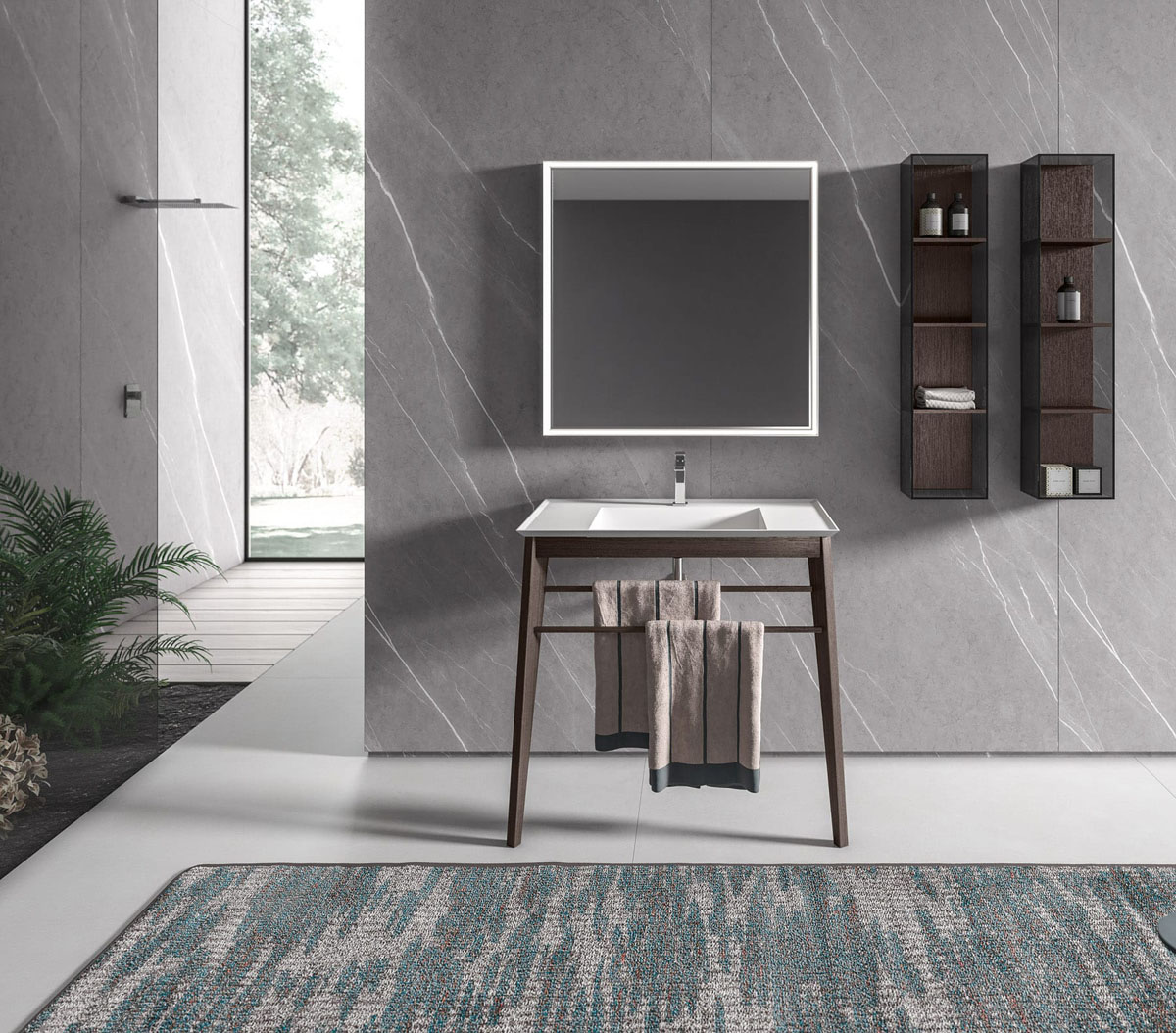 Szarość i natura Nowoczesna szara łazienka z naturalnymi materiałami dodającymi przytulności wnętrzu