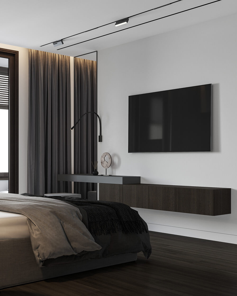 Brązowy gabinet: miejsce pracy z drewnianymi meblami i półkami na książki.