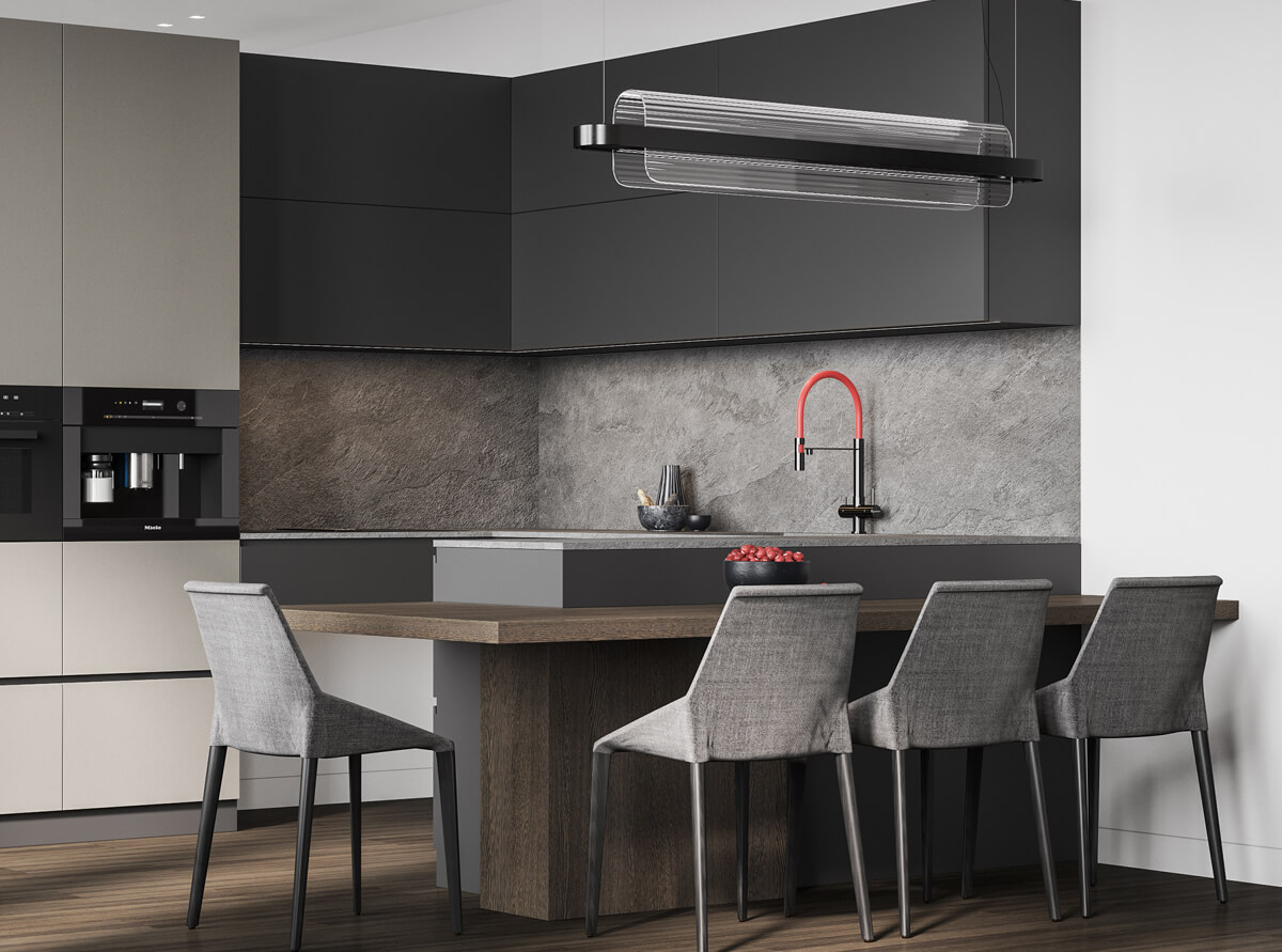 Brązowa kuchnia: drewniane meble i kamienny blat w eleganckim wnętrzu.