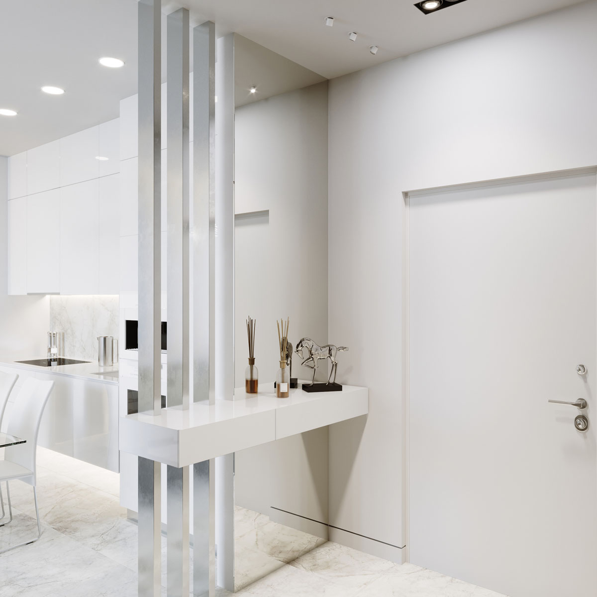 Wyspa w bieli Biała kuchnia z wyspą, barowymi stołkami i nowoczesnym oświetleniem – idealna do małej przestrzeni.