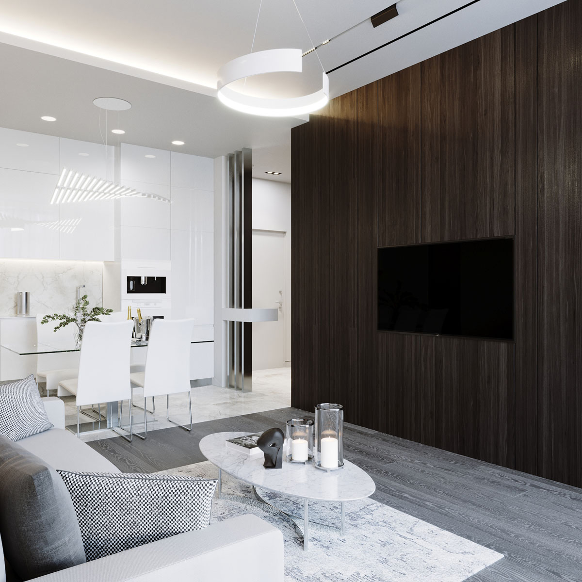 Biel i Marmur Design białej kuchni z marmurowym blatem i akcentami ze stali nierdzewnej. Łatwe czyszczenie.