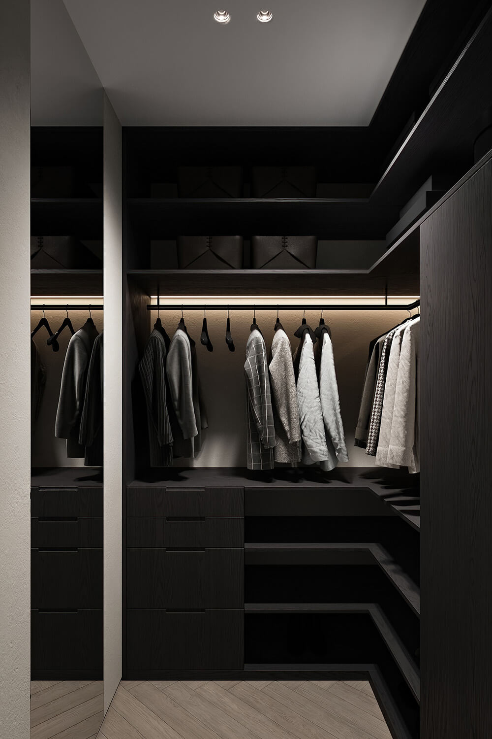 Półki i szuflady Otwarty system przechowywania z półkami i szufladami na różnorodne przedmioty.