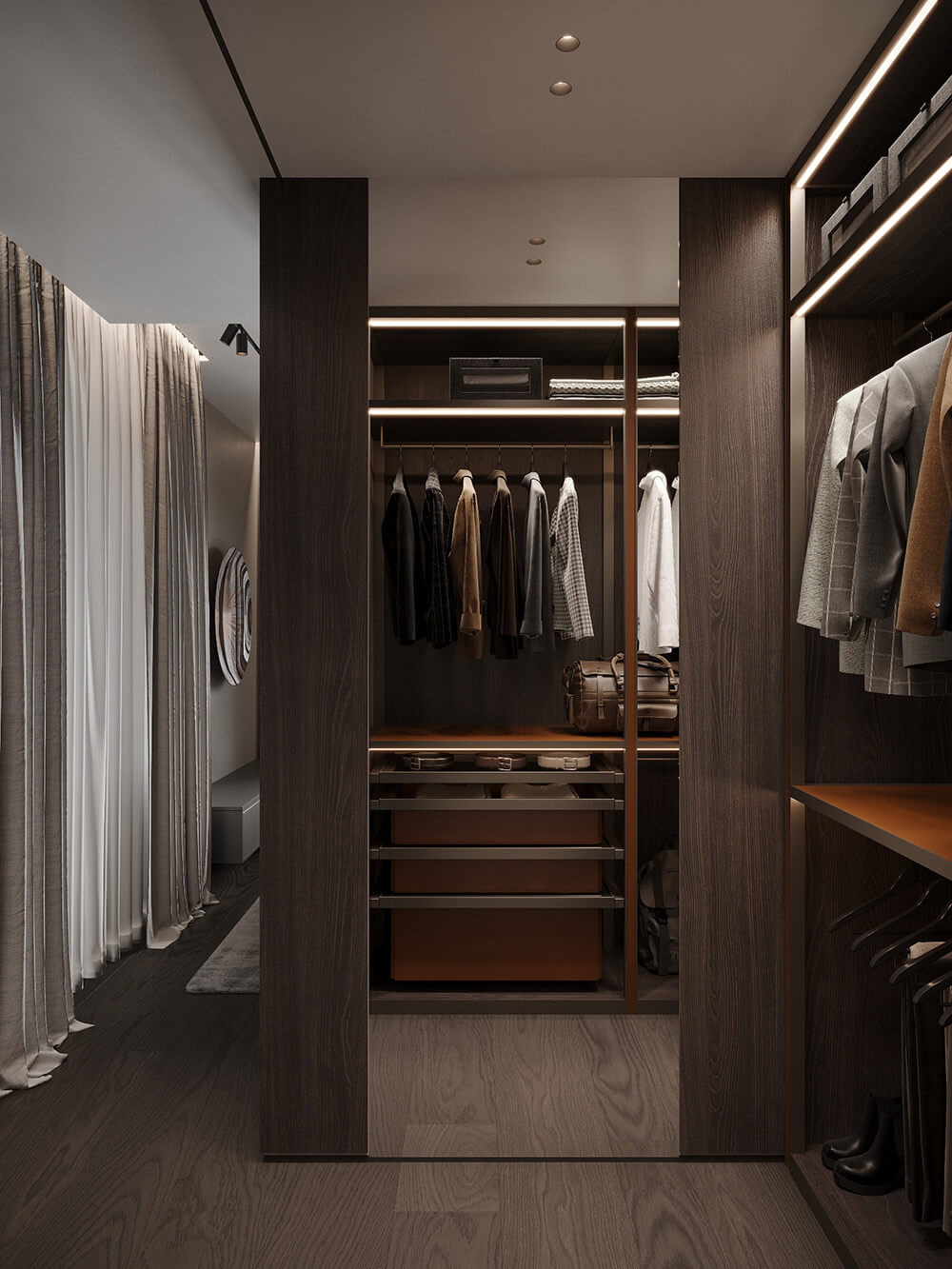 Sypialnia otwarta Otwarty system przechowywania w sypialni – ubrania, buty i stylowy design.