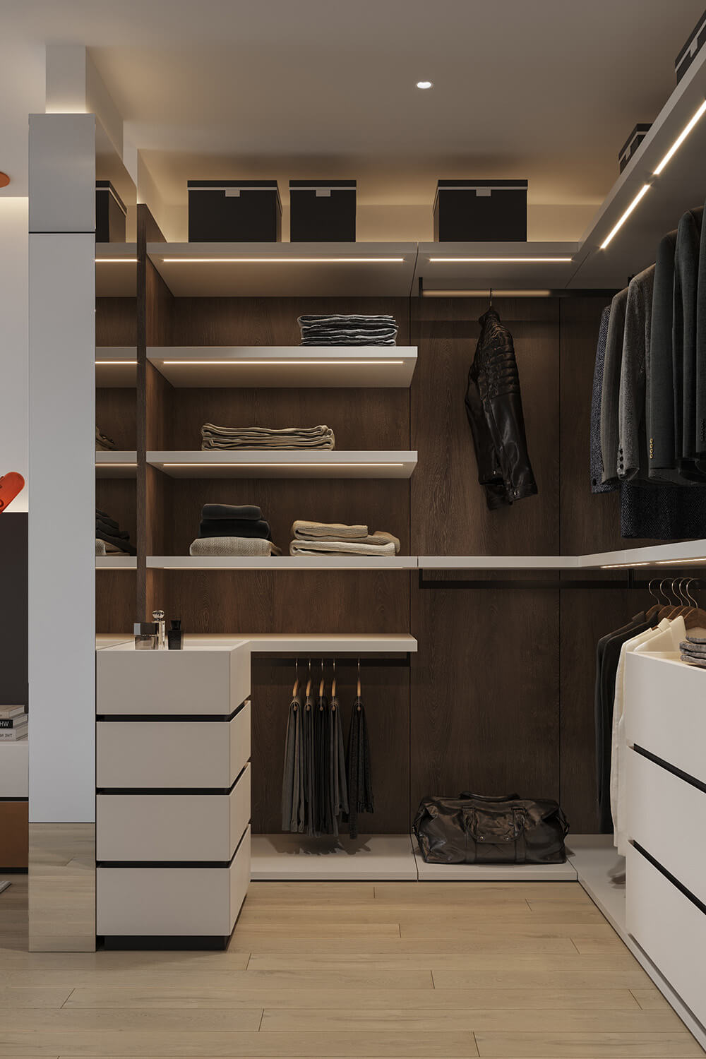 Przedpokój – półki Mały otwarty system w przedpokoju – organizacja butów i akcesoriów.