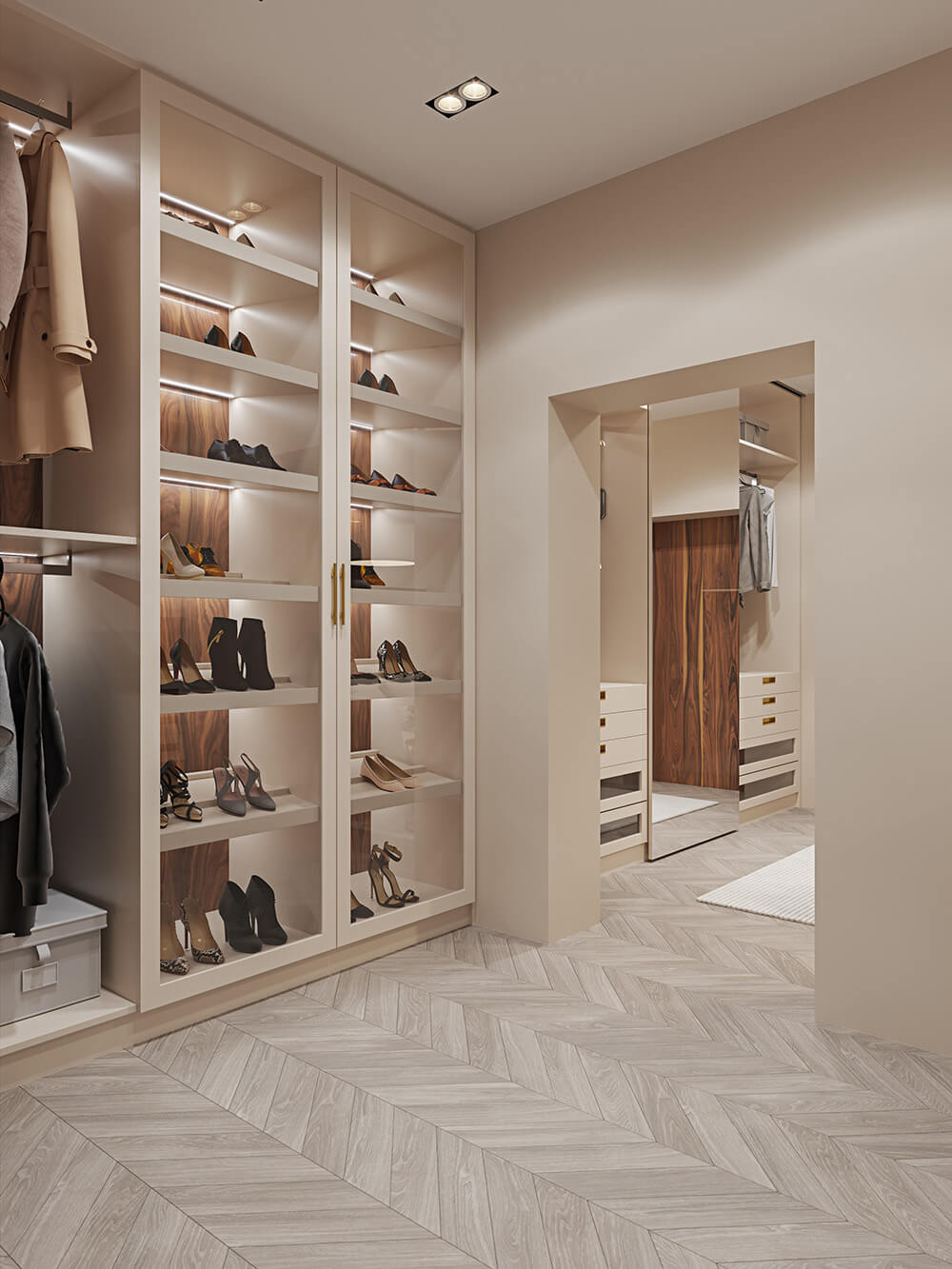 Skandynawski szyk Nowoczesne otwarte półki z drewnianymi półkami w stylu skandynawskim.