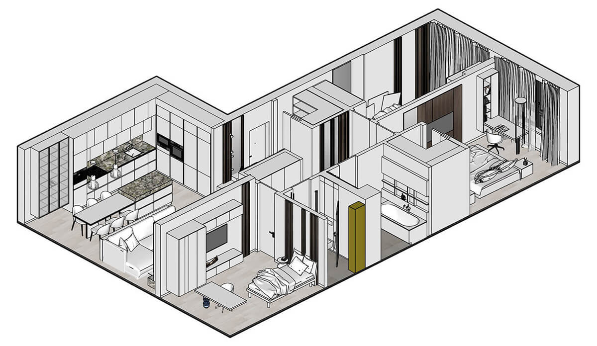 Przebudowa: Projekt 2026 Projekt przebudowy mieszkania w nowym budownictwie z nowymi instalacjami i meblami 2026.