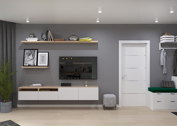 BESTA: Otwórz/Zamknij Kombinacja otwartych i zamkniętych modułów BESTA IKEA w salonie dla wygody.