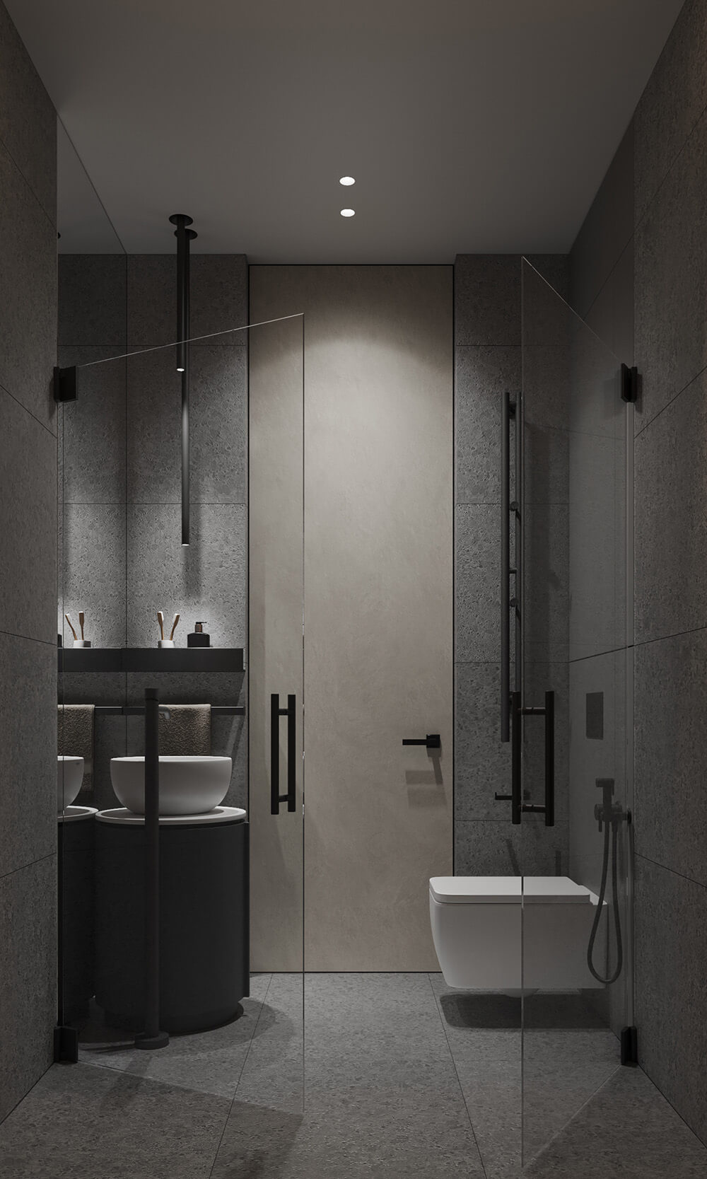 Wysoka łazienka z wanną Elegancka łazienka z wysokim sufitem, dużym oknem i wolnostojącą wanną.