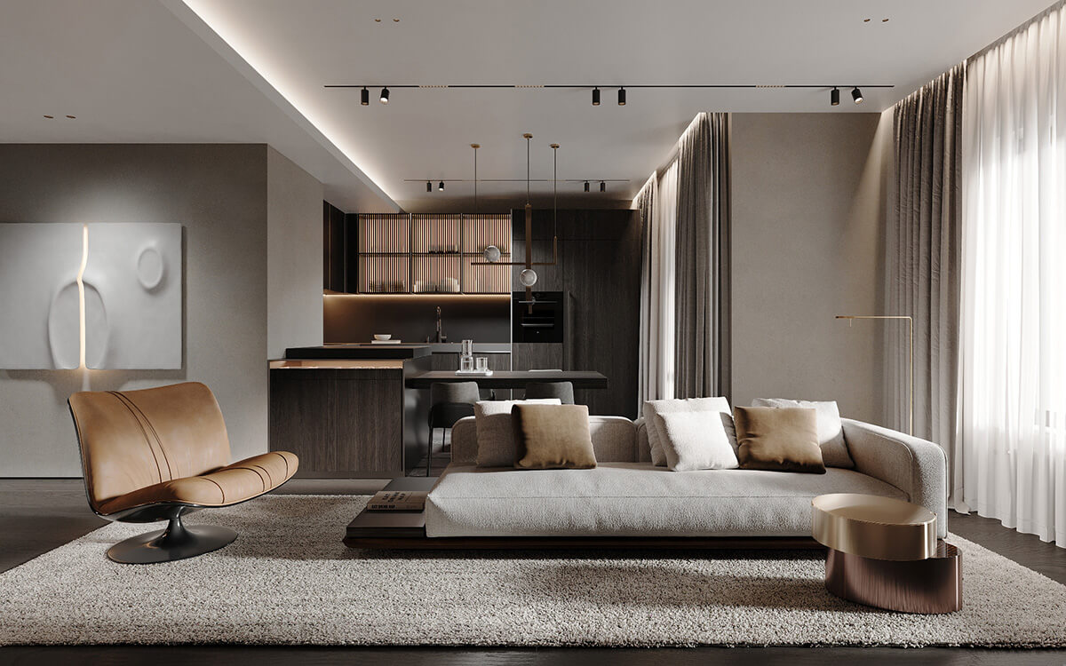 Kuchnia z wysokim sufitem Nowoczesna kuchnia z salonem, wysokie sufity, wyspa kuchenna i podwieszane lampy.