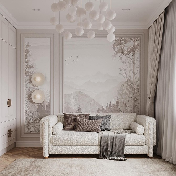 Dywan ożywia Nowoczesna biała sypialnia z jasnym, wzorzystym dywanem ożywiającym podłogę i wnętrze.