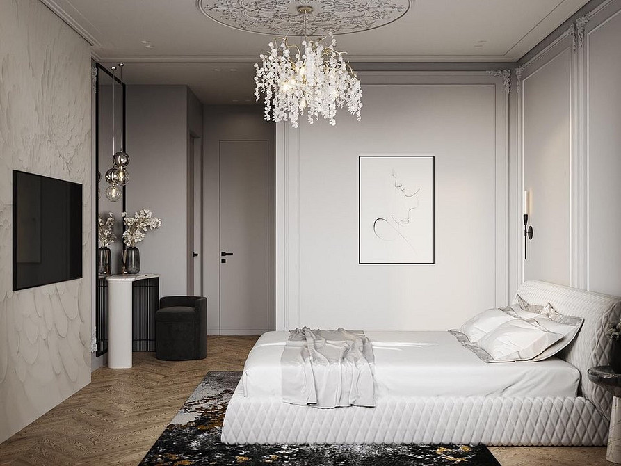 Geometryczny akcent Białe meble w sypialni z akcentującym dywanem z geometrycznym wzorem. Nowoczesne aranżacje.