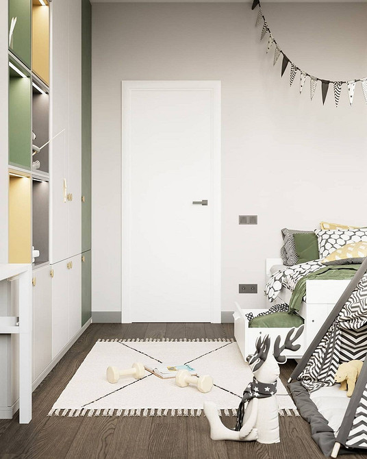 Pastelowy relaks Jasna sypialnia z białymi meblami i pastelowymi teksturami tworzącymi relaksującą atmosferę.