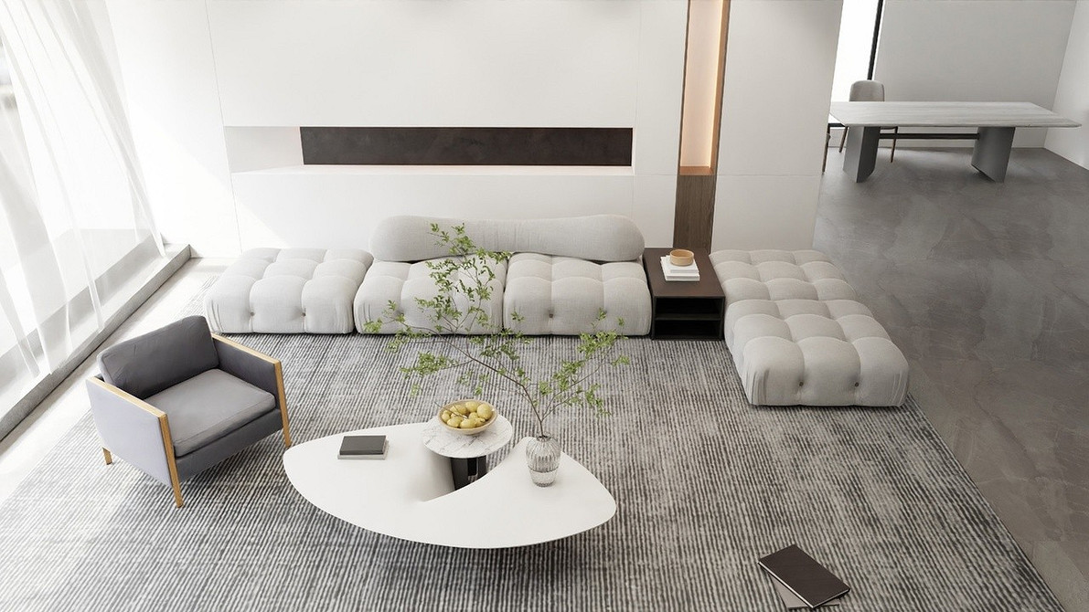 Okrągła sofa z poduszkami Okrągła biała sofa z kolorowymi poduszkami, centralny punkt jasnego salonu 2026.