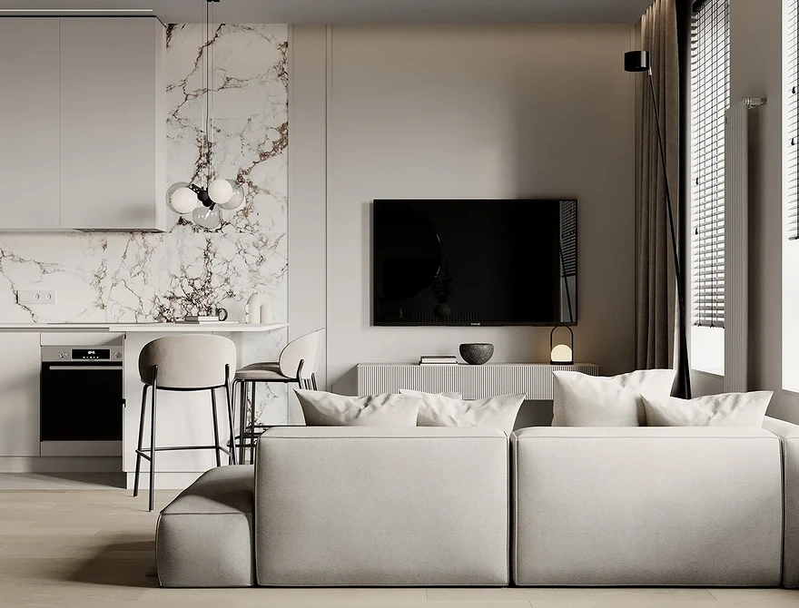 Tekstylna sofa, drewno Biała sofa z tekstylną tapicerką w pokoju z drewnianą podłogą i dekoracjami.