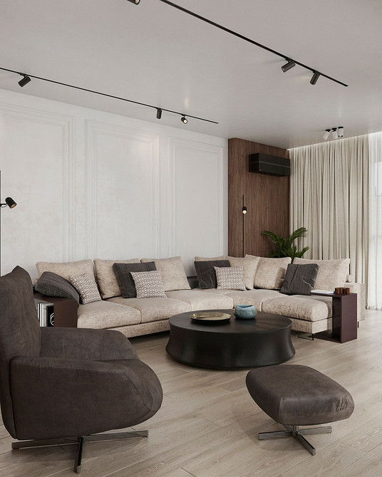 Beż i poduszki Beżowa sofa z poduszkami w salonie. Przytulna aranżacja z charakterem.