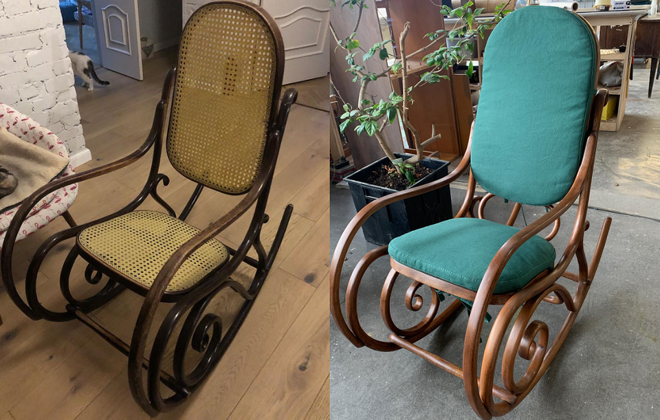 Nowe życie fotela Fotel przed i po renowacji: przykład odzyskiwania starych mebli.