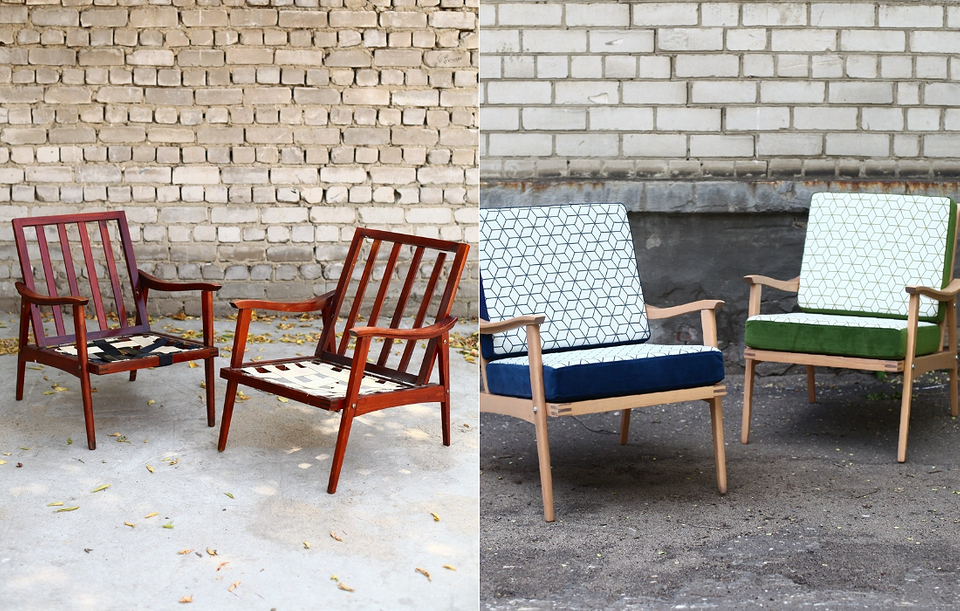 Rattan i renowacja Przykład renowacji starego fotela: nowa tapicerka i elementy z rattanu.