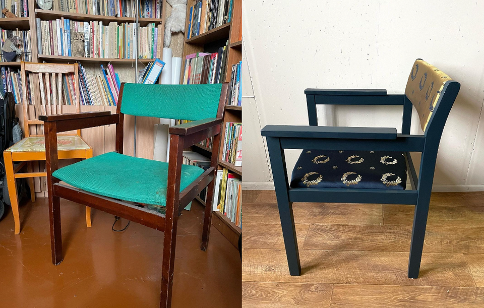 Nowoczesny vintage Nowoczesna renowacja krzesła: połączenie starej formy i nowych materiałów w celu odnowienia