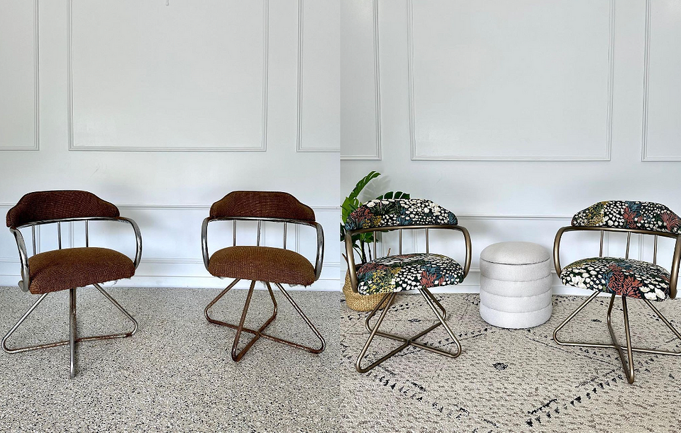 Kolorowe krzesło DIY DIY renowacja krzesła: odnowione krzesło z użyciem jasnej tkaniny i farby