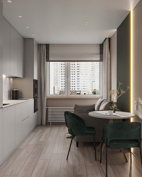 Przytulna kanapa kuchenna Przytulna kanapa do kuchni z poduszkami w małym mieszkaniu. Projekt kuchni.