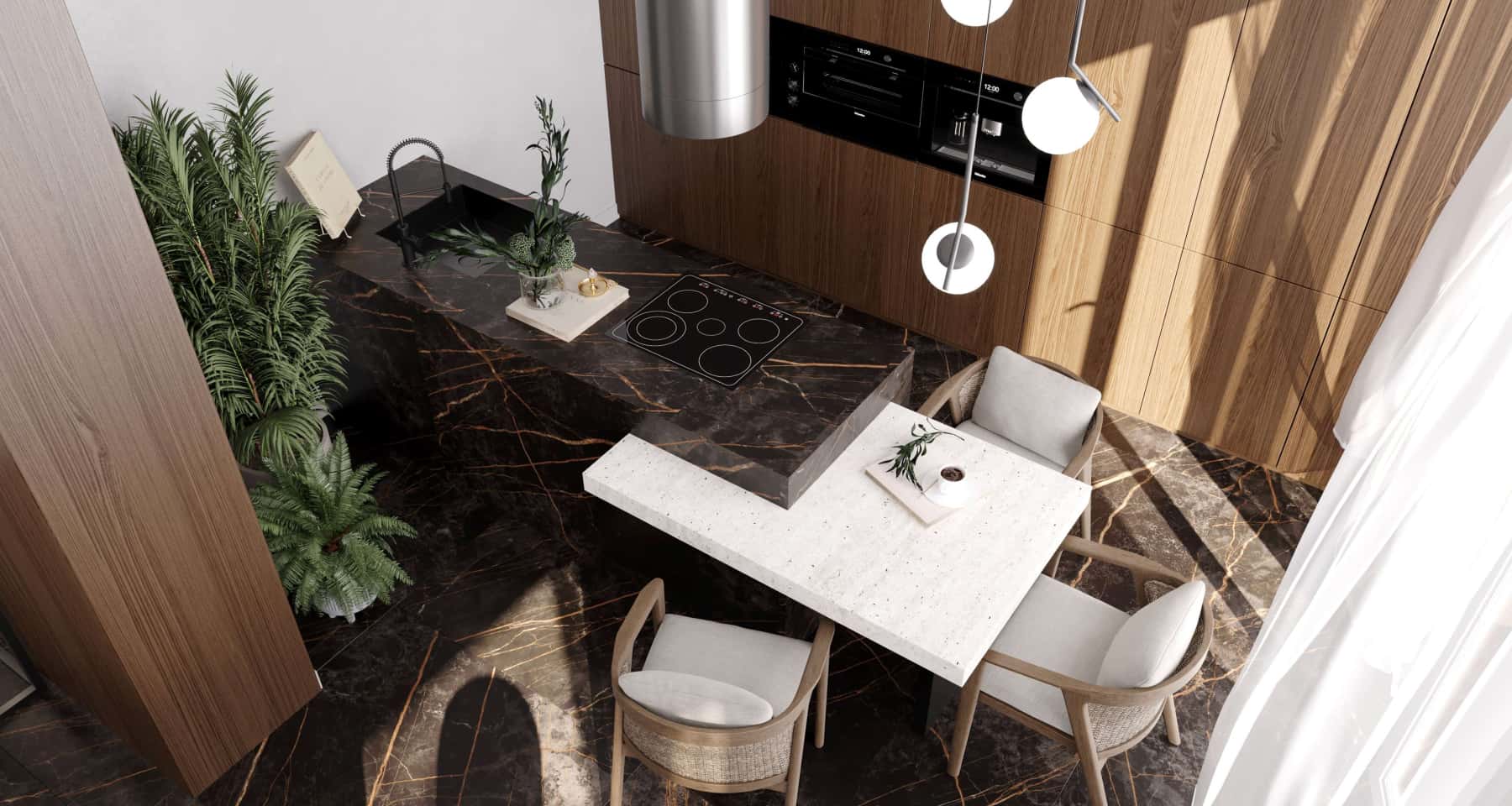 Jadalnia z widokiem na las Przestronna jadalnia z panoramicznymi oknami i widokiem na las, elegancki design domku.