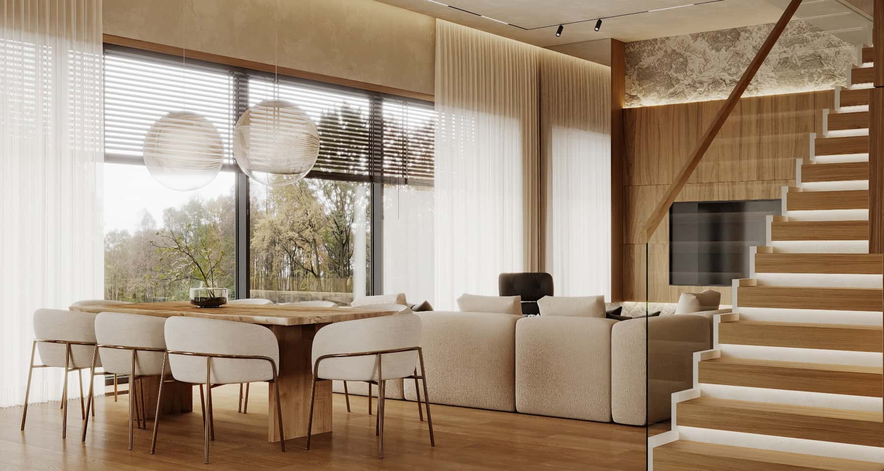 Widok na naturę Salon z panoramicznymi oknami i widokiem na naturę, dom pod Warszawą.