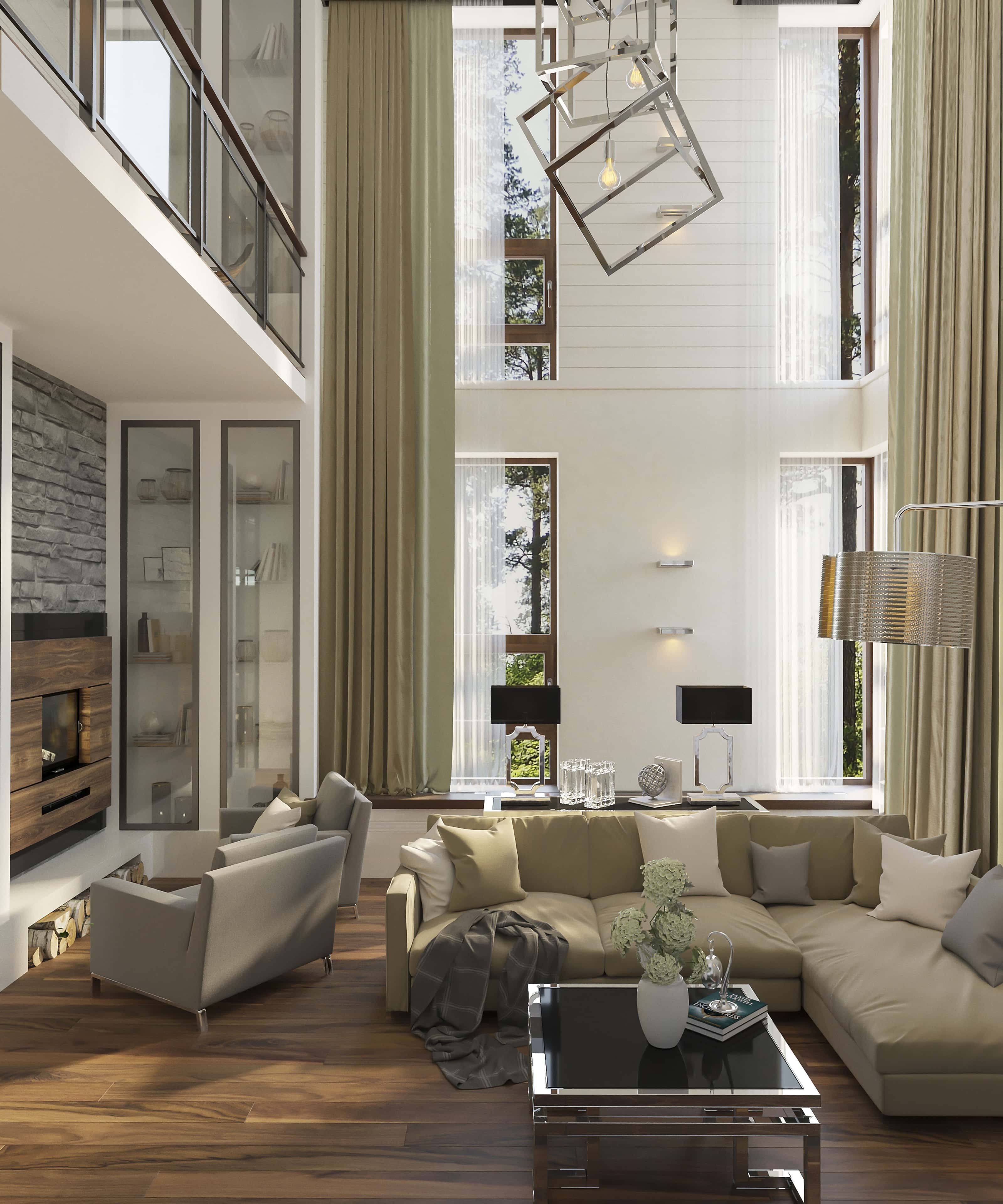 Przestronne wnętrze Nowoczesne wnętrze domu z oknami panoramicznymi 2026: przestronność i elegancja.