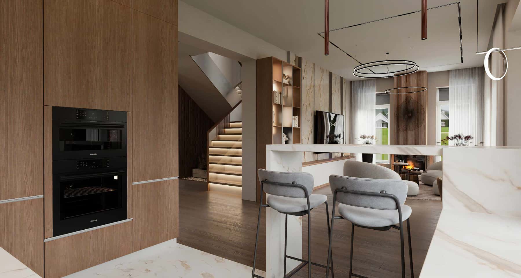 Salon z Widokiem Salon z oknami panoramicznymi i widokiem na przyrodę. Przestronne wnętrze 2026.