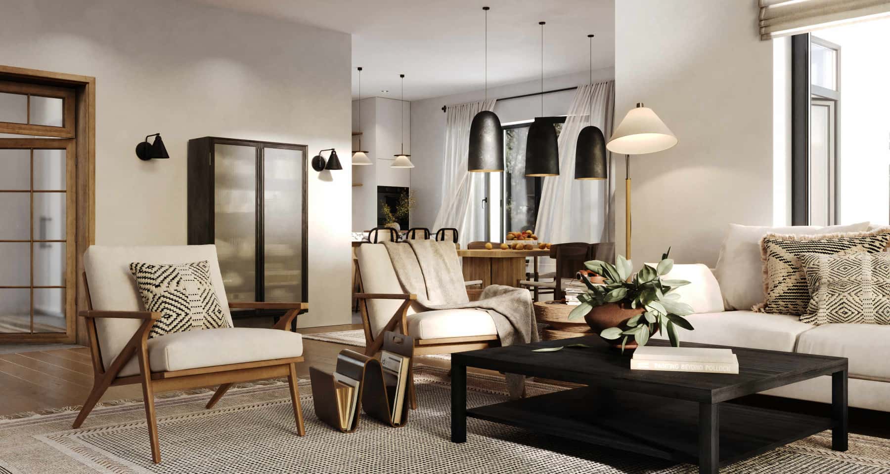 Skóra i Przestrzeń Przestronny salon z oknami panoramicznymi i skórzaną sofą. Naturalne materiały 2026.