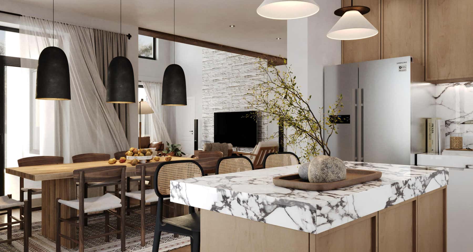 Eko-styl i panorama Przestronne wnętrze w stylu eko z oknami panoramicznymi 2026 w ceglanym domu.