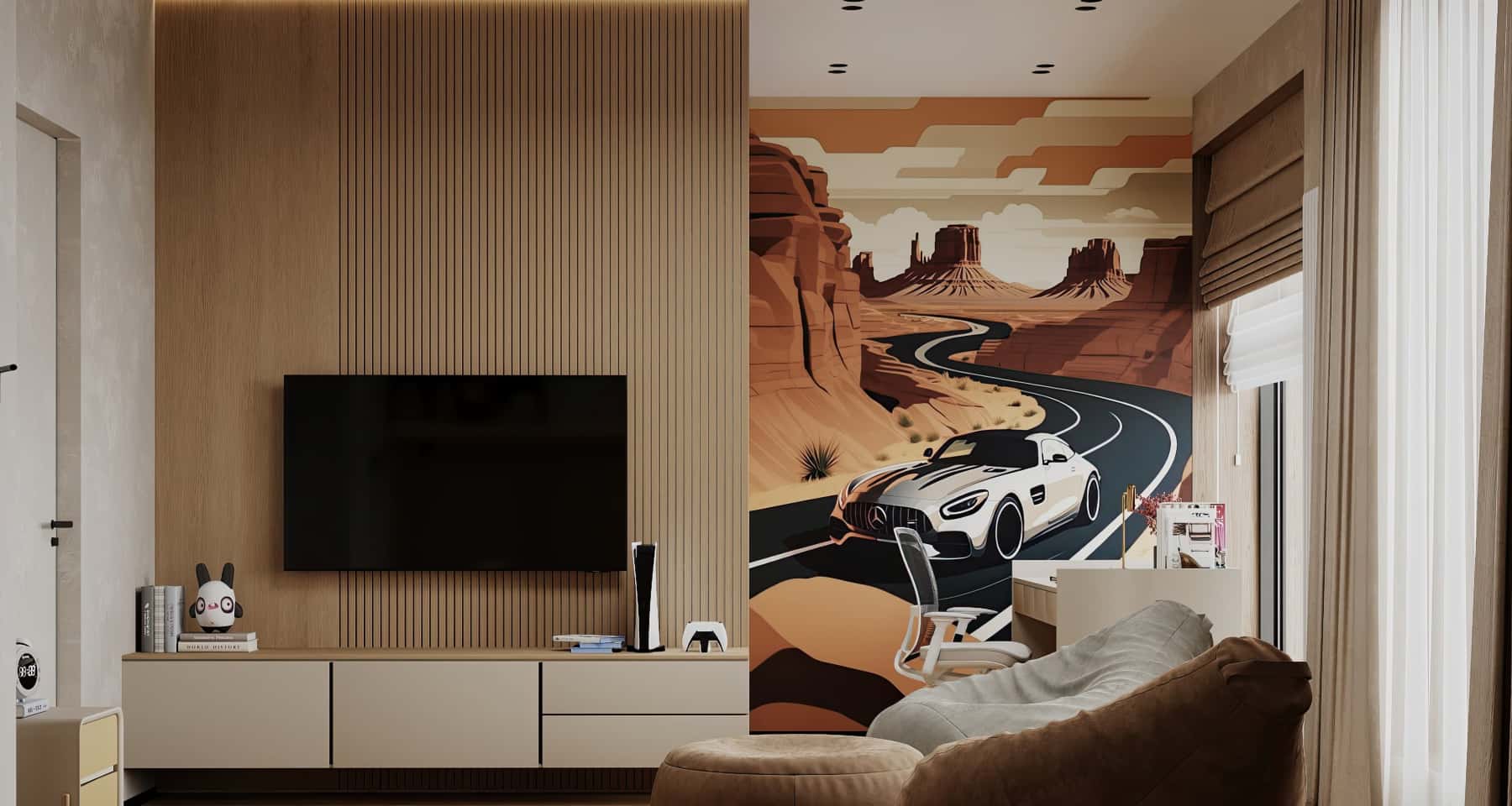 Wabi-sabi pod Warszawą Wnętrze domu z oknami panoramicznymi w stylu wabi-sabi, okolice Warszawy.