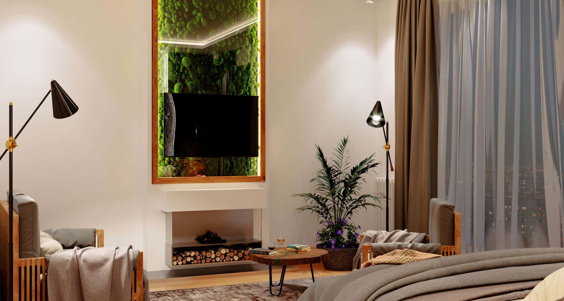 Minimalistyczny design Salon z oknami panoramicznymi i elementami stylu minimalistycznego pod Warszawą.