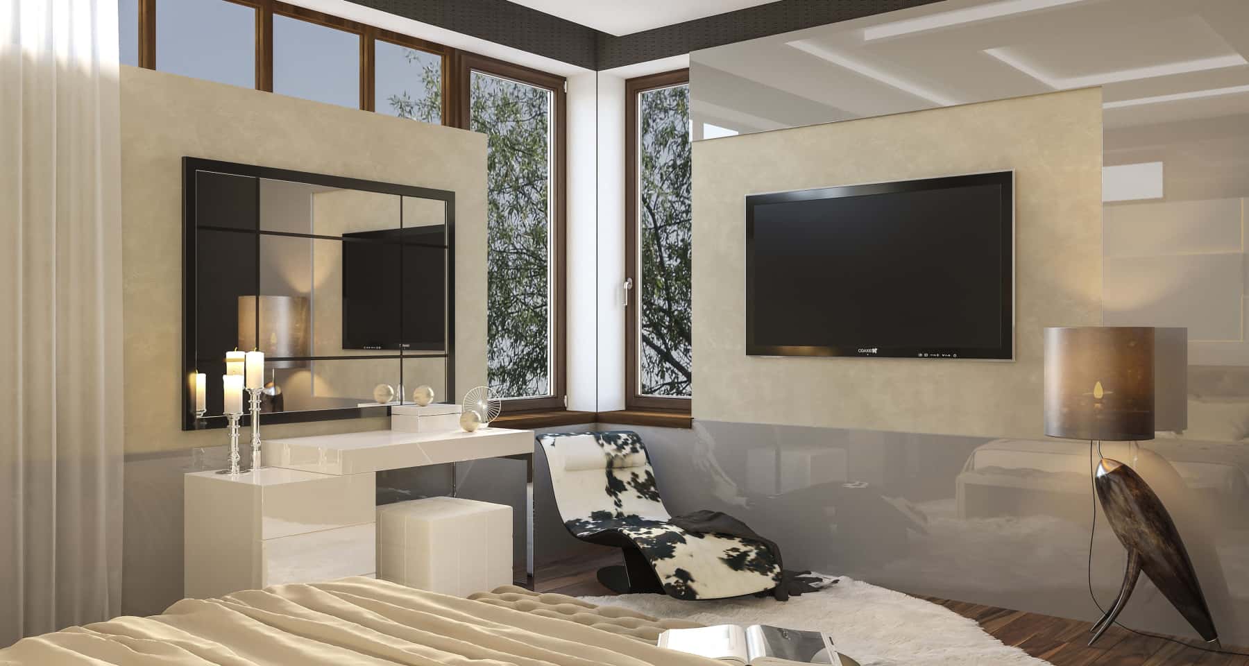 Wnętrze 2026 Nowoczesne wnętrze domu z dużymi oknami panoramicznymi 2026.