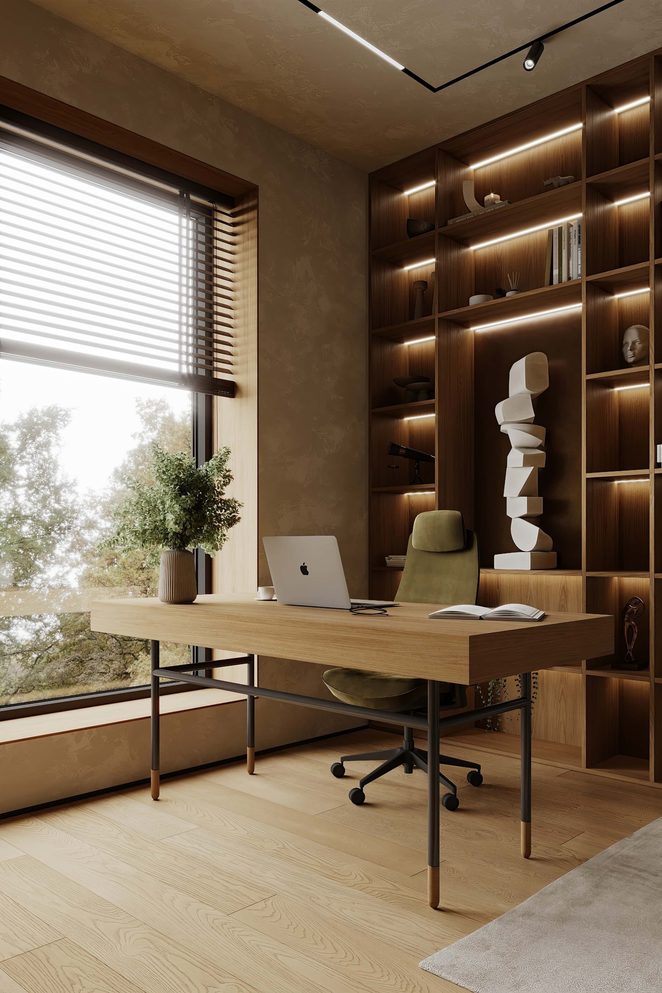 Przestrzeń i styl Przestronne wnętrze domu z oknami panoramicznymi, styl wabi-sabi pod Warszawą.