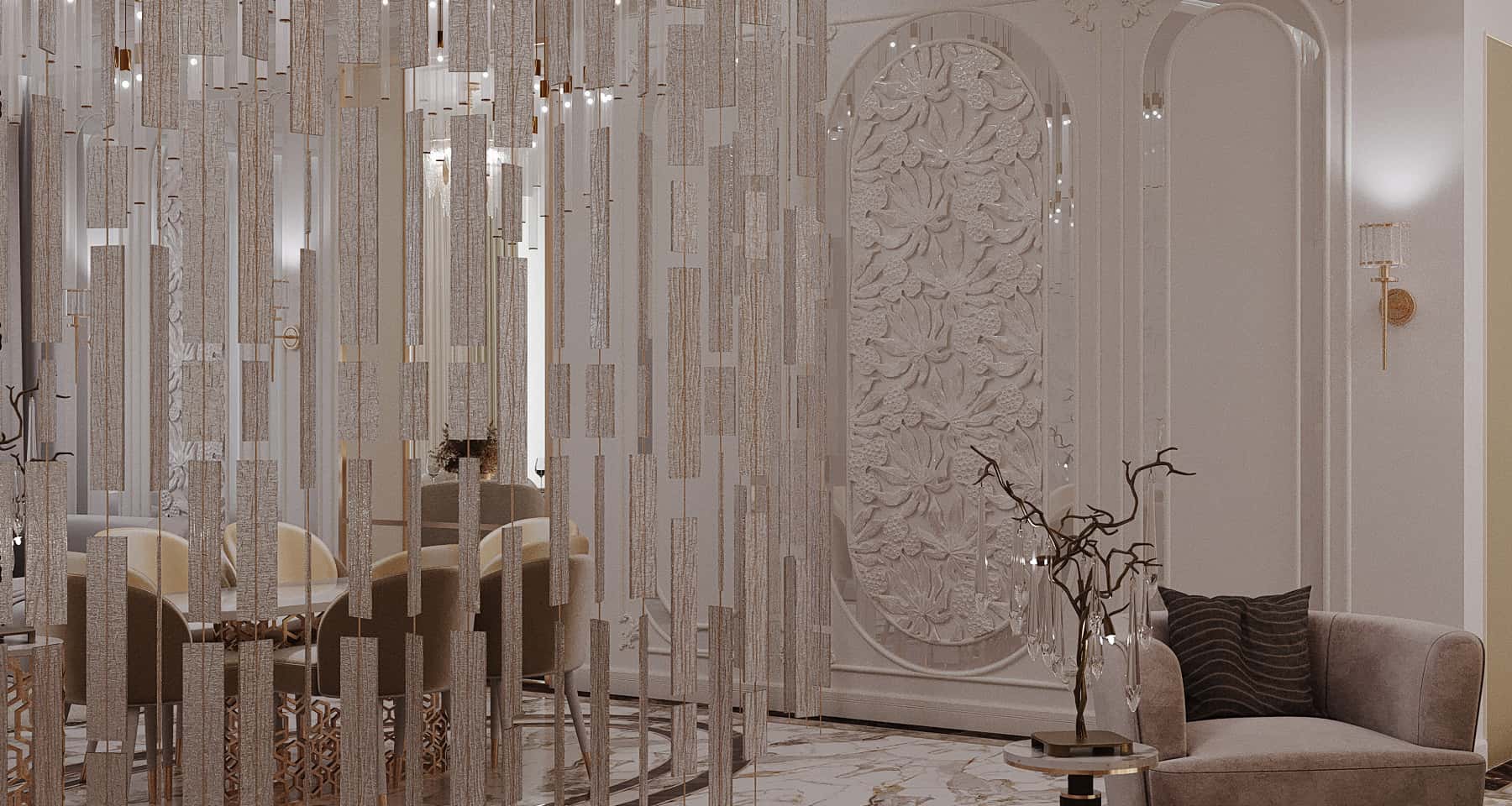 Nowoczesny Luksus Nowoczesny design wnętrz premium z dekoracyjnymi panelami i oświetleniem wiszącym na rok 2026.