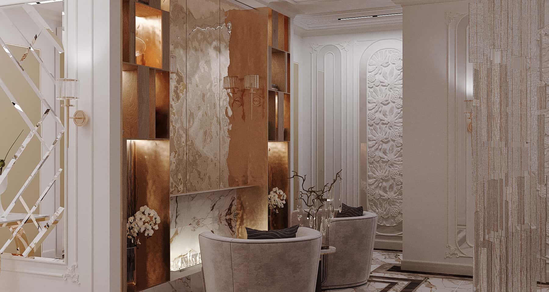 Rozkosz w Detalach Luksusowy design wnętrz premium z użyciem szlachetnych materiałów i nowoczesnych rozwiązań oświetleniowych.