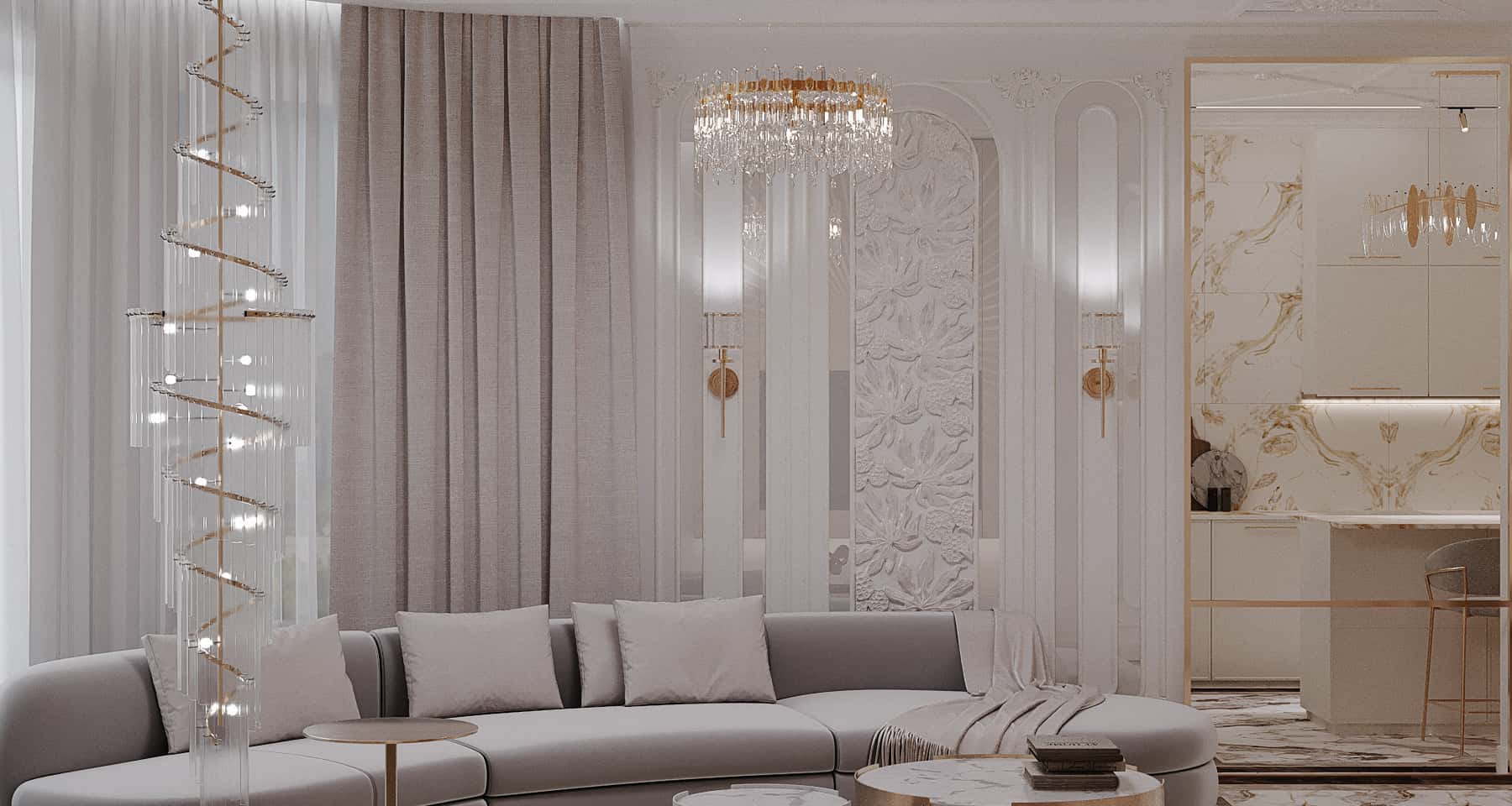 Elegancja i Detal Projektowanie wnętrz premium: Elegancki salon z oświetleniem wiszącym i panelami dekoracyjnymi w 2026 roku.