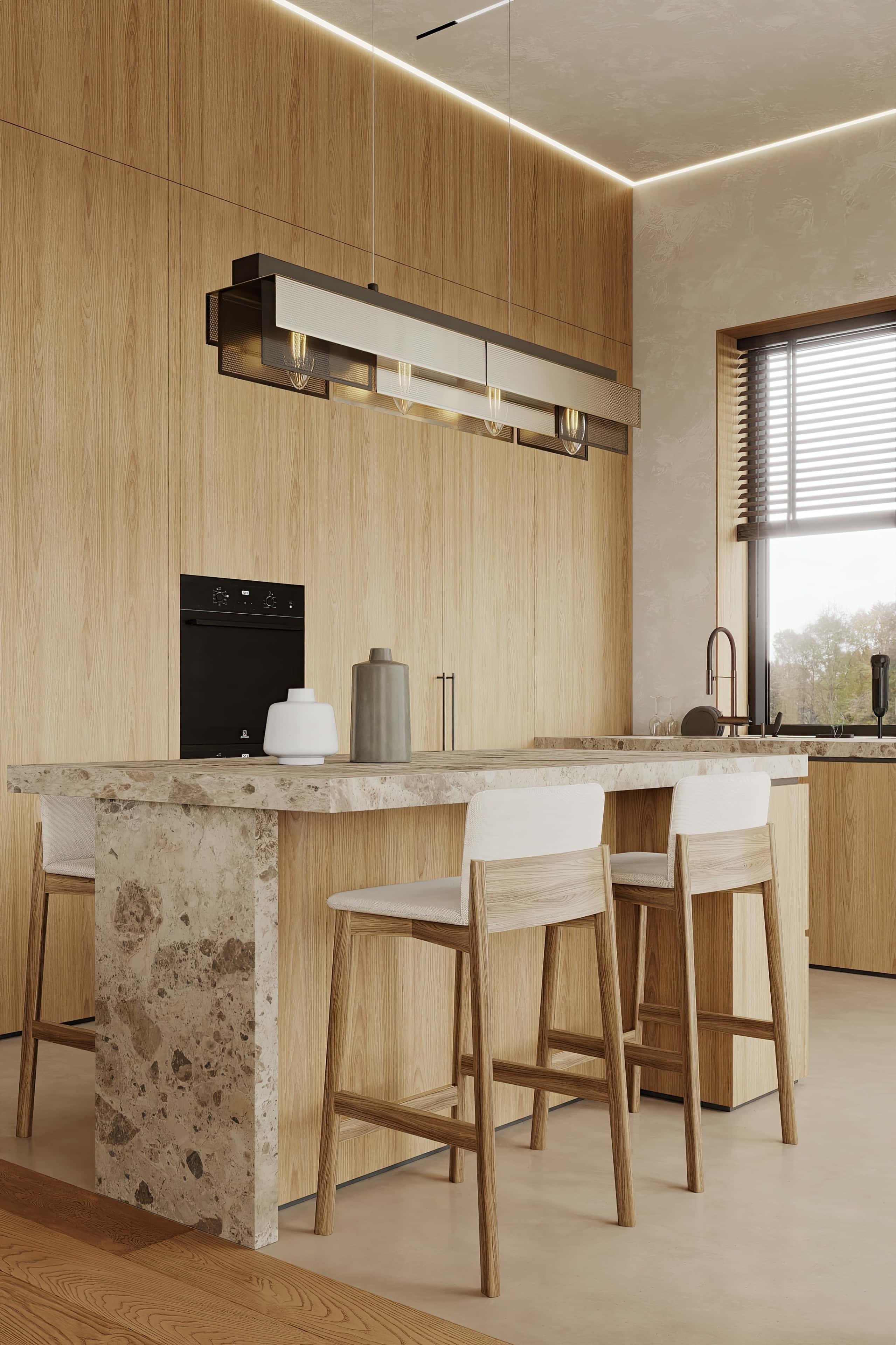 Art Deco: Przestrzeń Kuchnia Art Deco 2026 w małym mieszkaniu: jasne barwy optycznie powiększają przestrzeń.