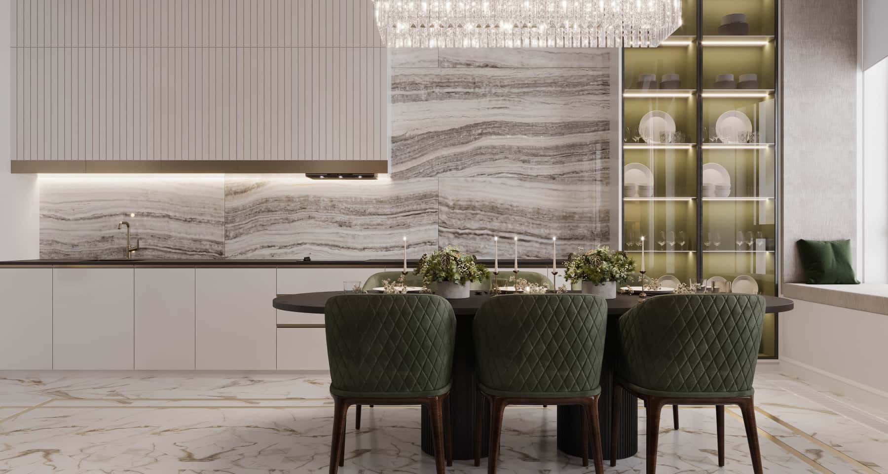 Art Deco: Jasność Jasna kuchnia Art Deco 2026: elegancki dizajn z welurem i marmurem.
