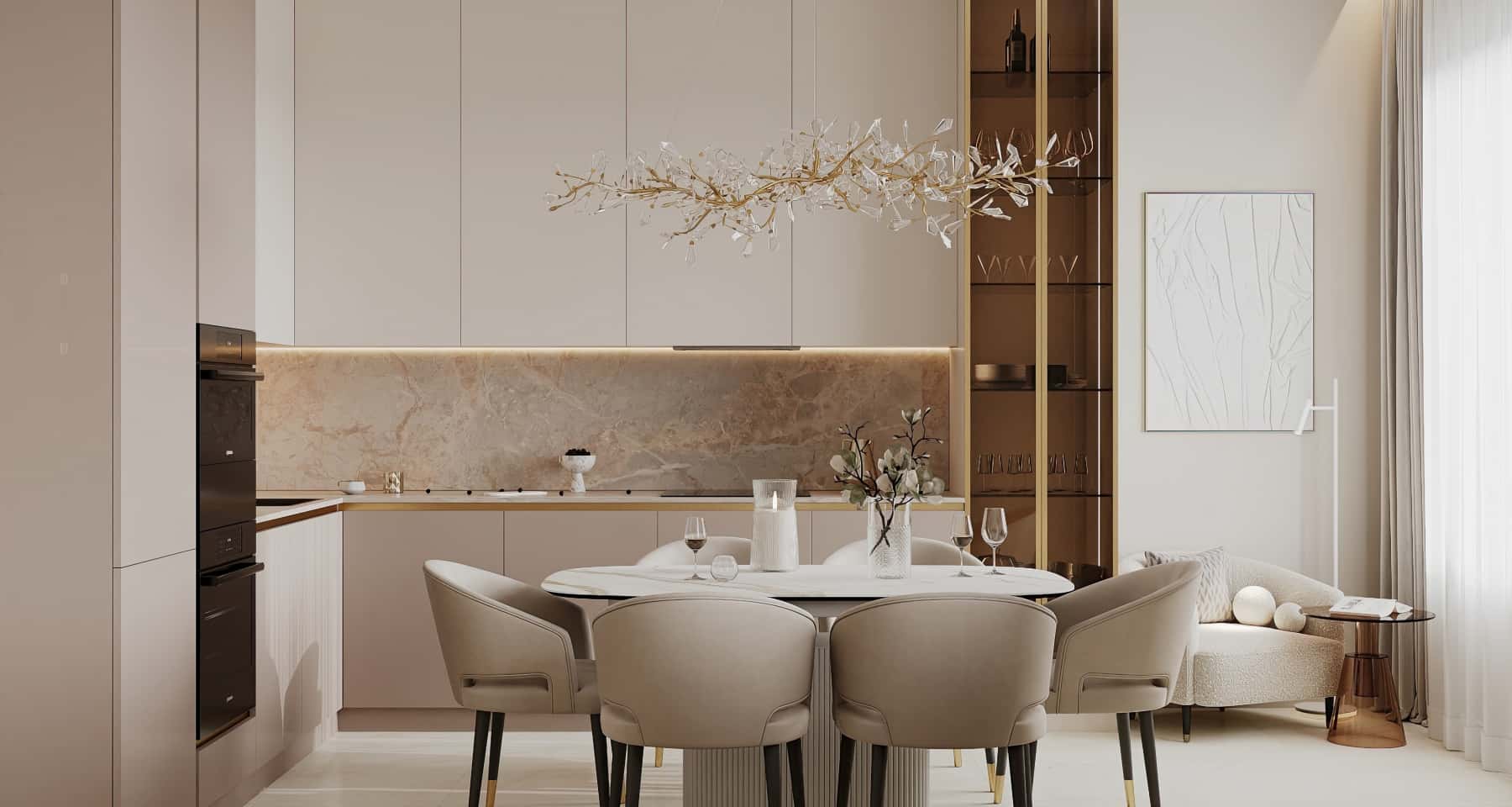 Beżowa elegancja kuchni Jasna kuchnia 2026: nowoczesny design z beżowymi odcieniami i elementami drewna.