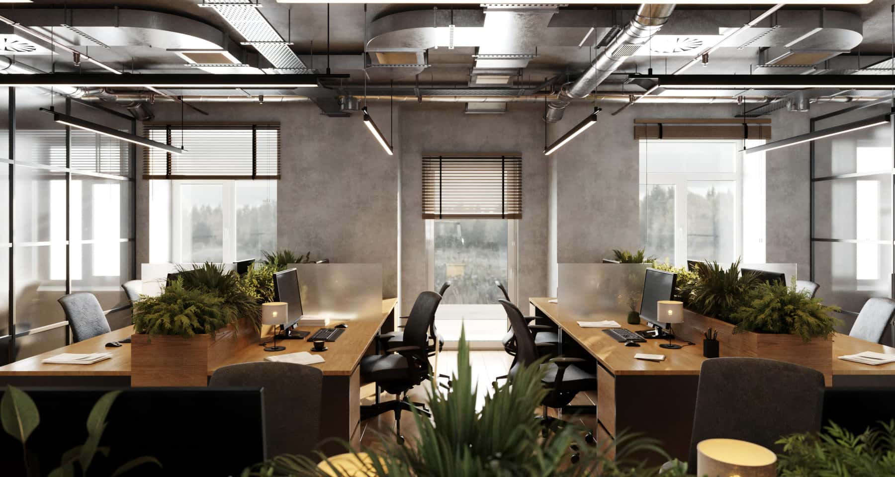 Światło w biurze Oświetlenie LED w nowoczesnym biurze z betonem architektonicznym w tle.