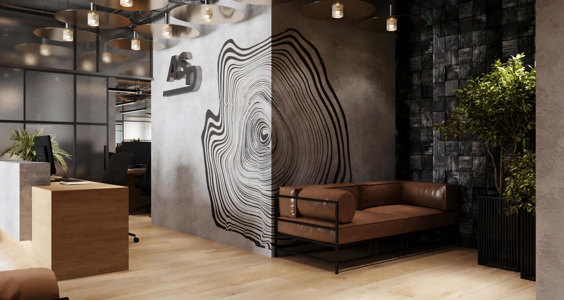 Loft z charakterem Biuro w stylu loft z elementami betonu architektonicznego i panelami 3D.