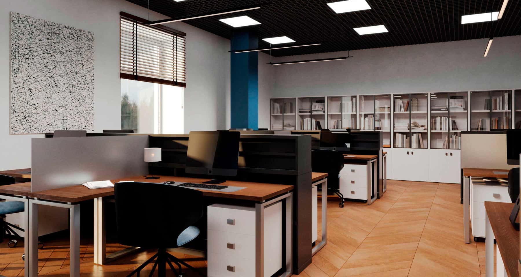 Ciepłe biurowe wnętrze Efektywne biuro: przytulna przestrzeń z elementami drewna, roślin i wygodnymi meblami