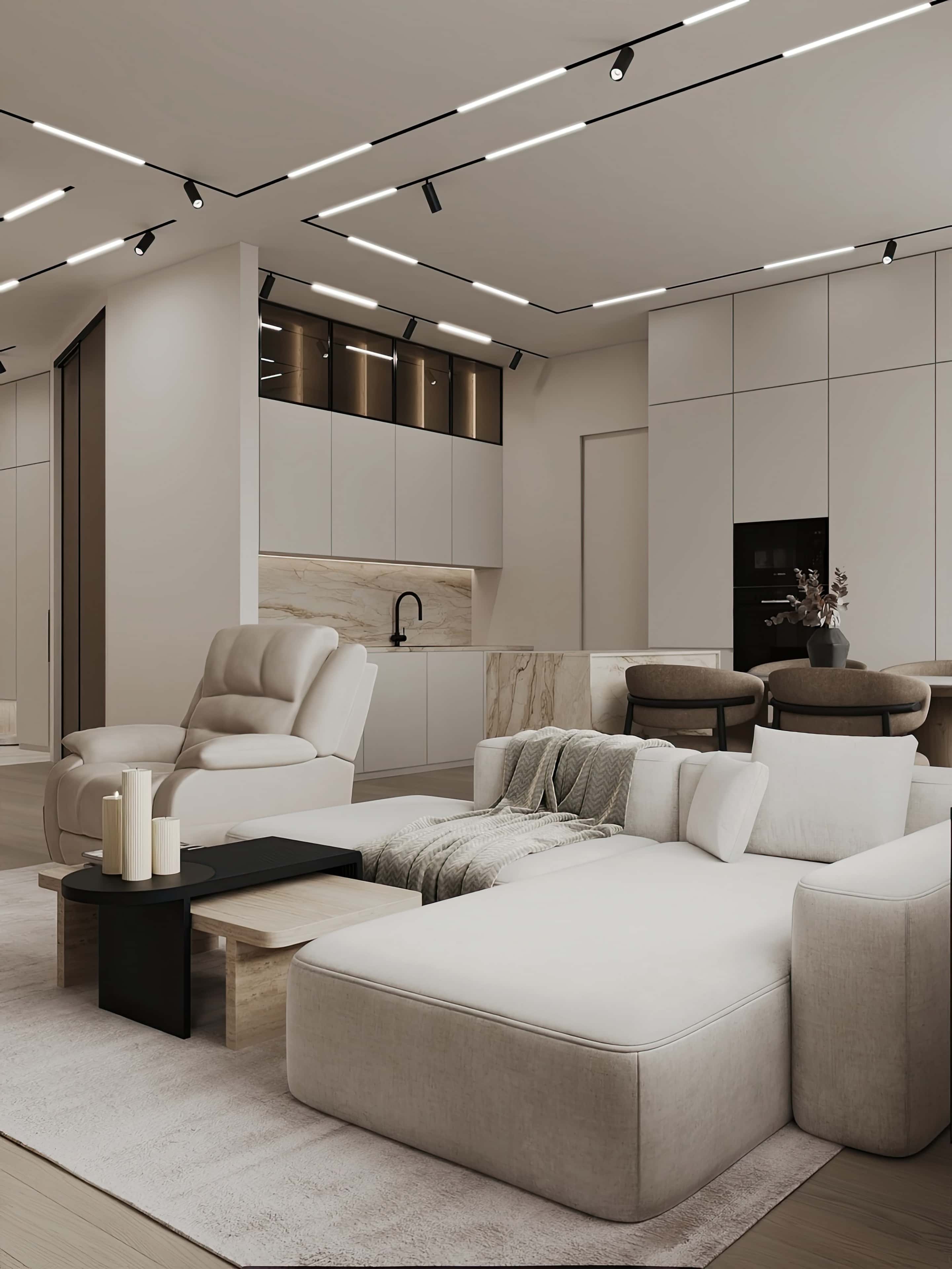 Optyczne powiększenie wnętrza Nowoczesny design wnętrza mieszkania wykorzystujący triki optyczne na powiększenie przestrzeni.