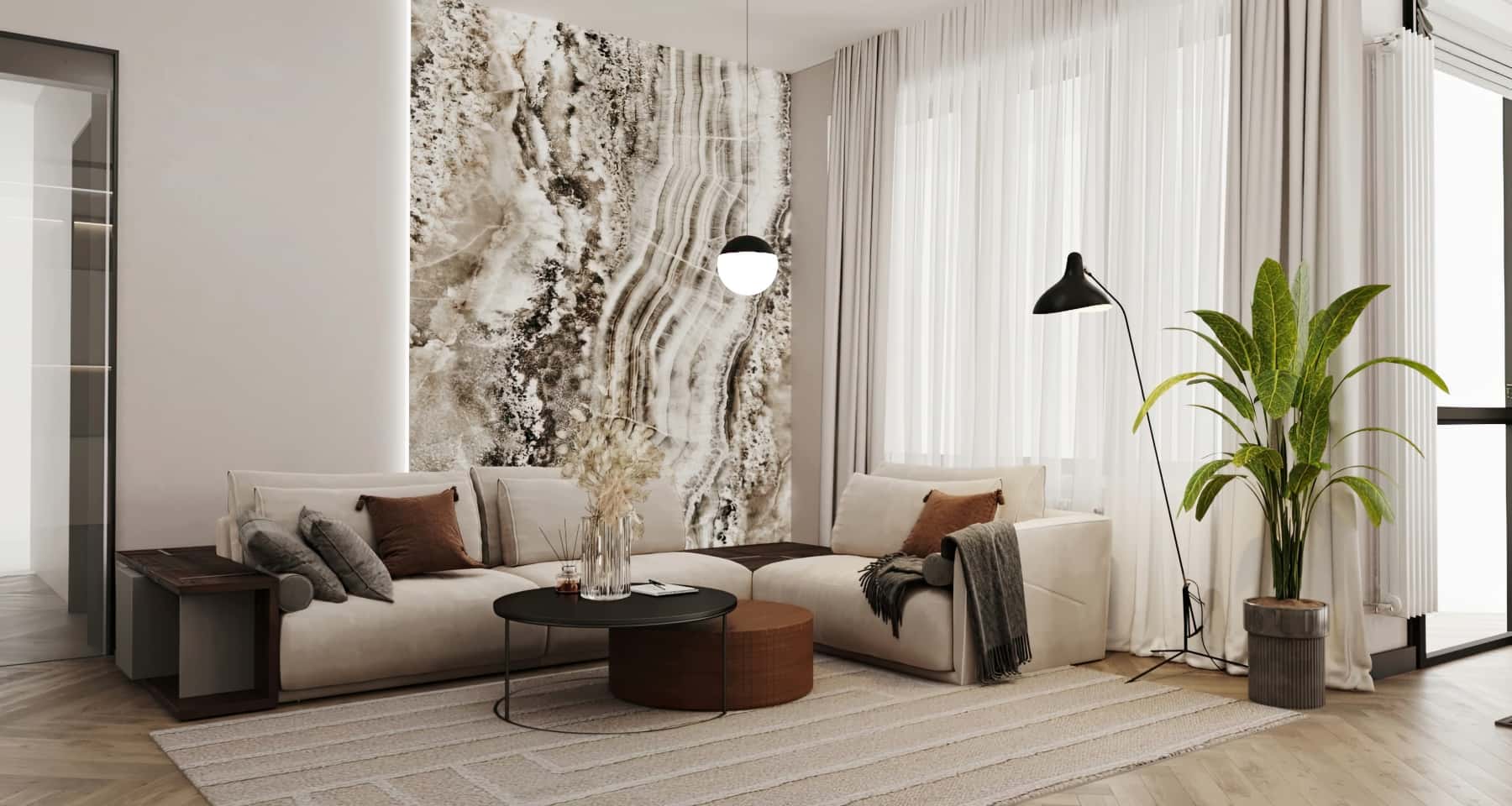 Salon modern Projekt trzypokojowego mieszkania 2026: salon z kuchnią w stylu modern.